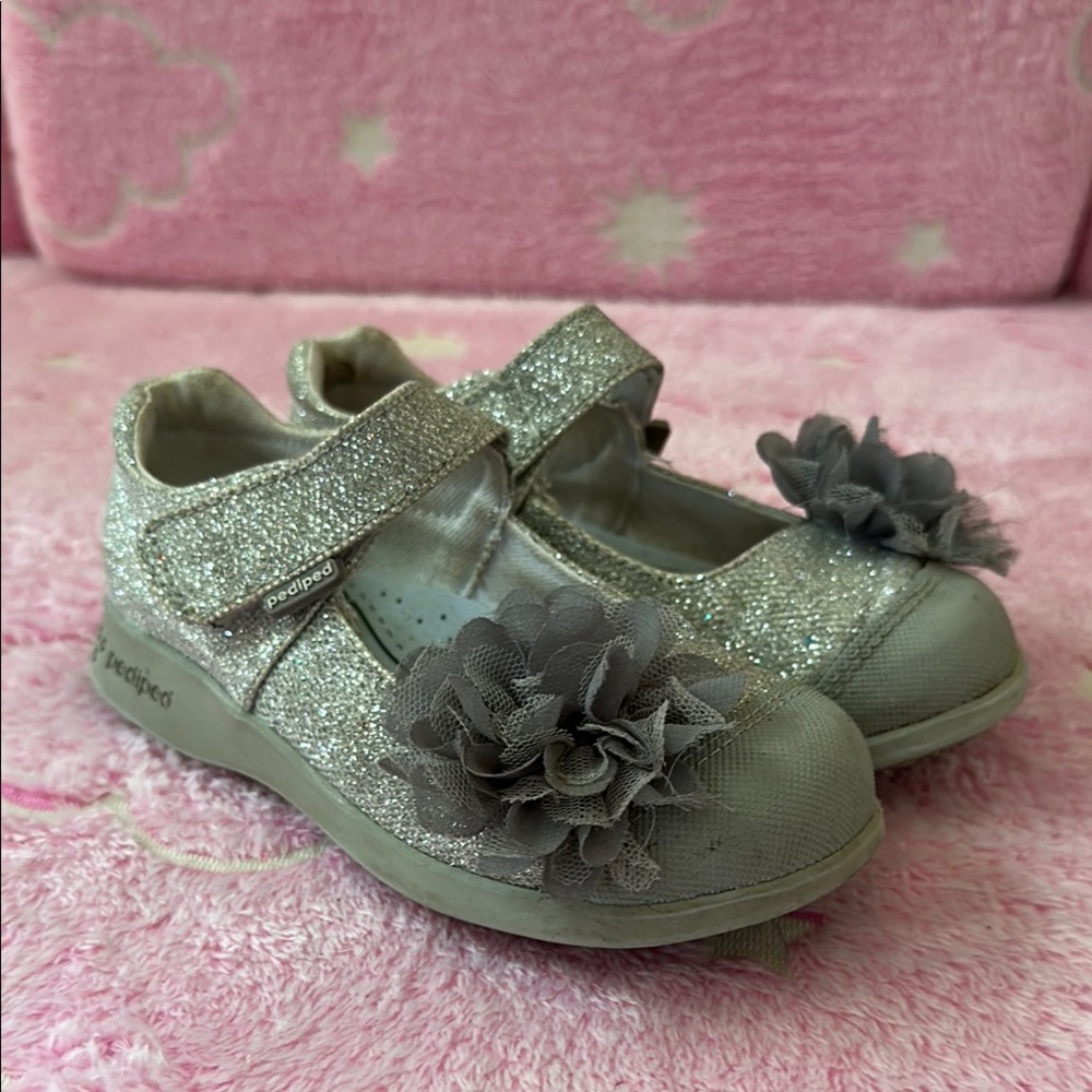 Pediped Flex Silver Glitter Flower Shoes Girls 27